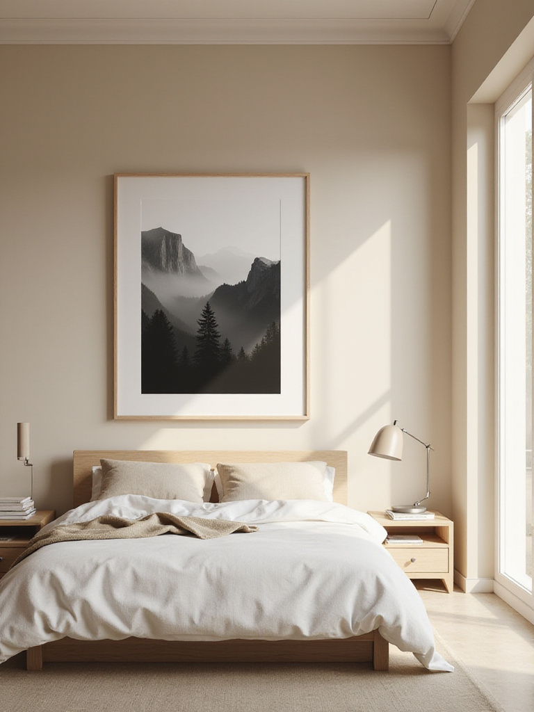 Beige bedroom with a large black and white landscape photograph above the bed
