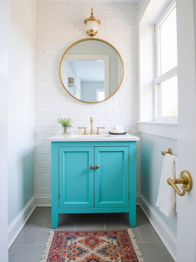 Small bathroom with white subway tile and turquoise vanity