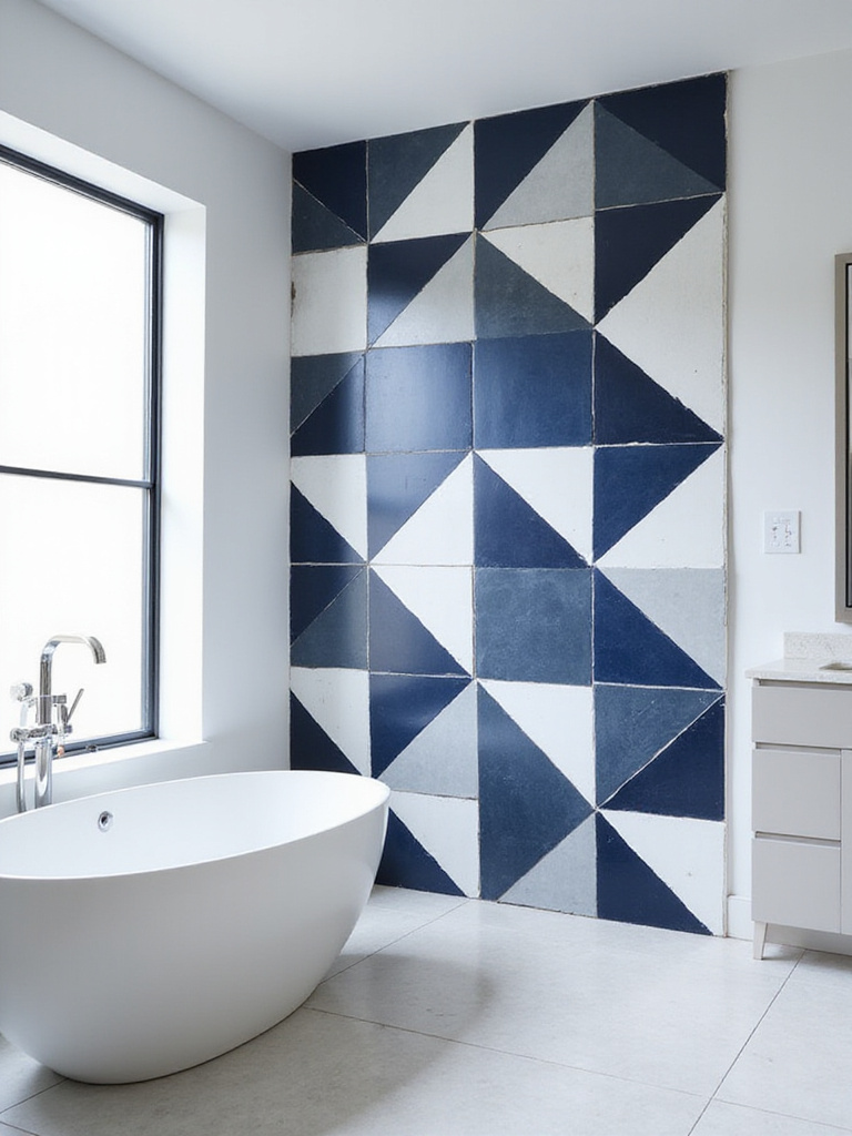 Modern bathroom with a bold navy and white geometric patterned tile accent wall behind a white freestanding tub.