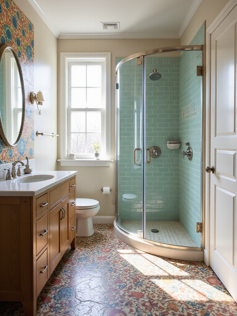 Eclectic bathroom design featuring mixed tile patterns and sizes on the walls and floor, creating a unique and personalized space.