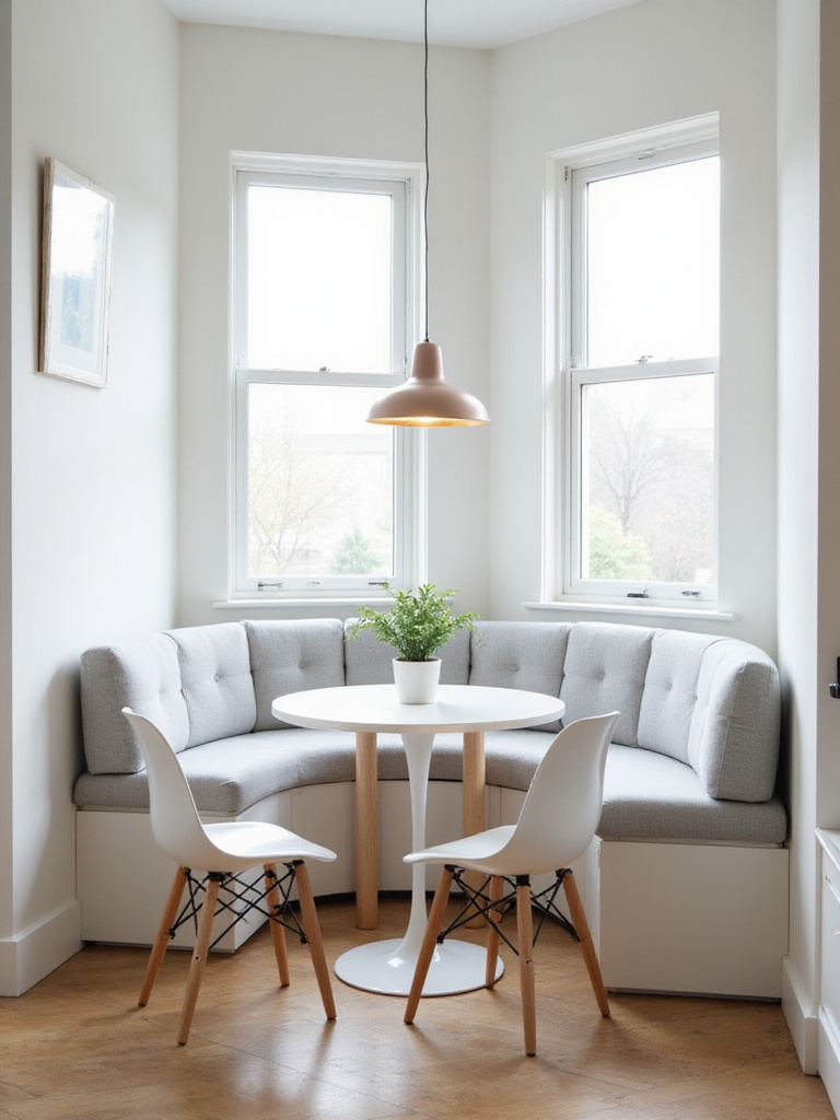 Modern kitchen breakfast nook with banquette seating, round table, and pendant light.