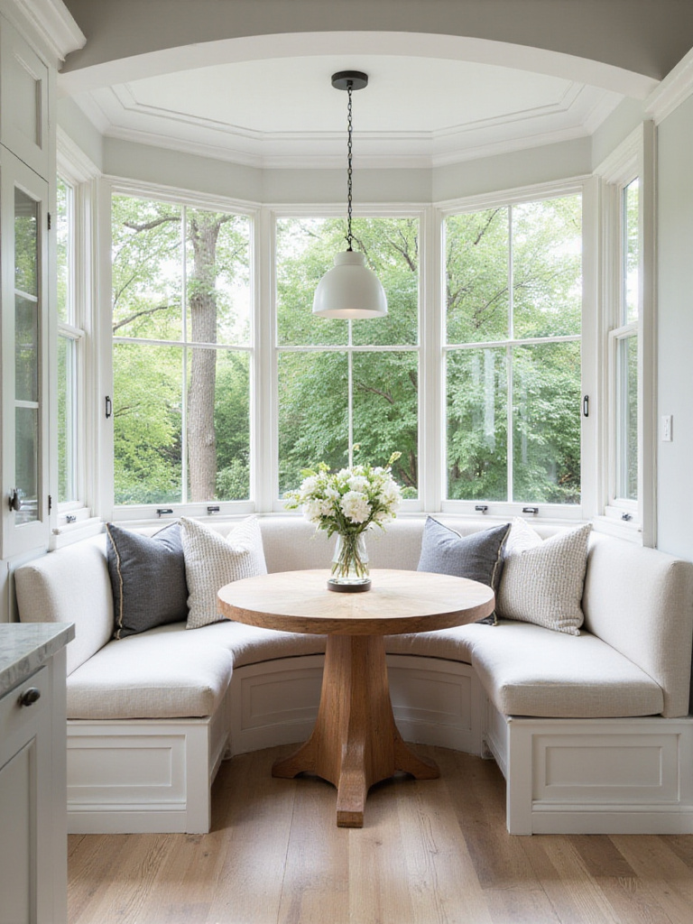 Luxury kitchen with a charming breakfast nook featuring a banquette and round table.