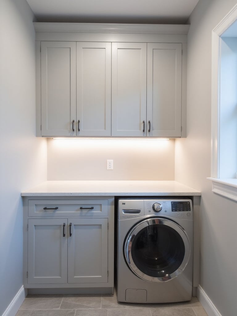 Bright and functional laundry room with layered lighting including under cabinet lighting, recessed lighting, and a semi-flush mount ceiling light.