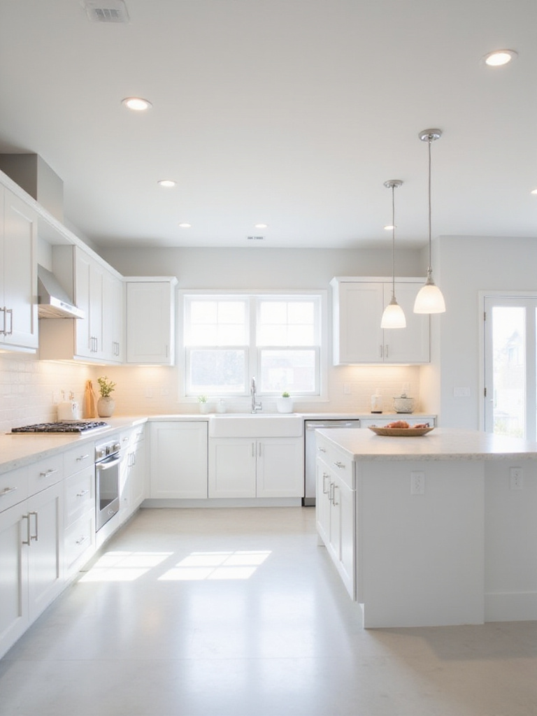 A bright, modern white kitchen featuring layered lighting, including recessed ceiling lights, under-cabinet task lighting, and pendant lights over an island, making the space feel airy and functional.