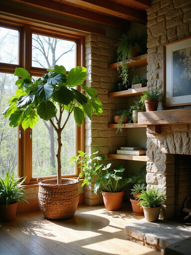 Rustic living room with lush greenery and natural light