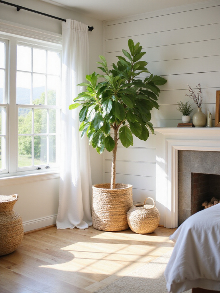 Farmhouse bedroom corner with fiddle-leaf fig tree and woven basket.