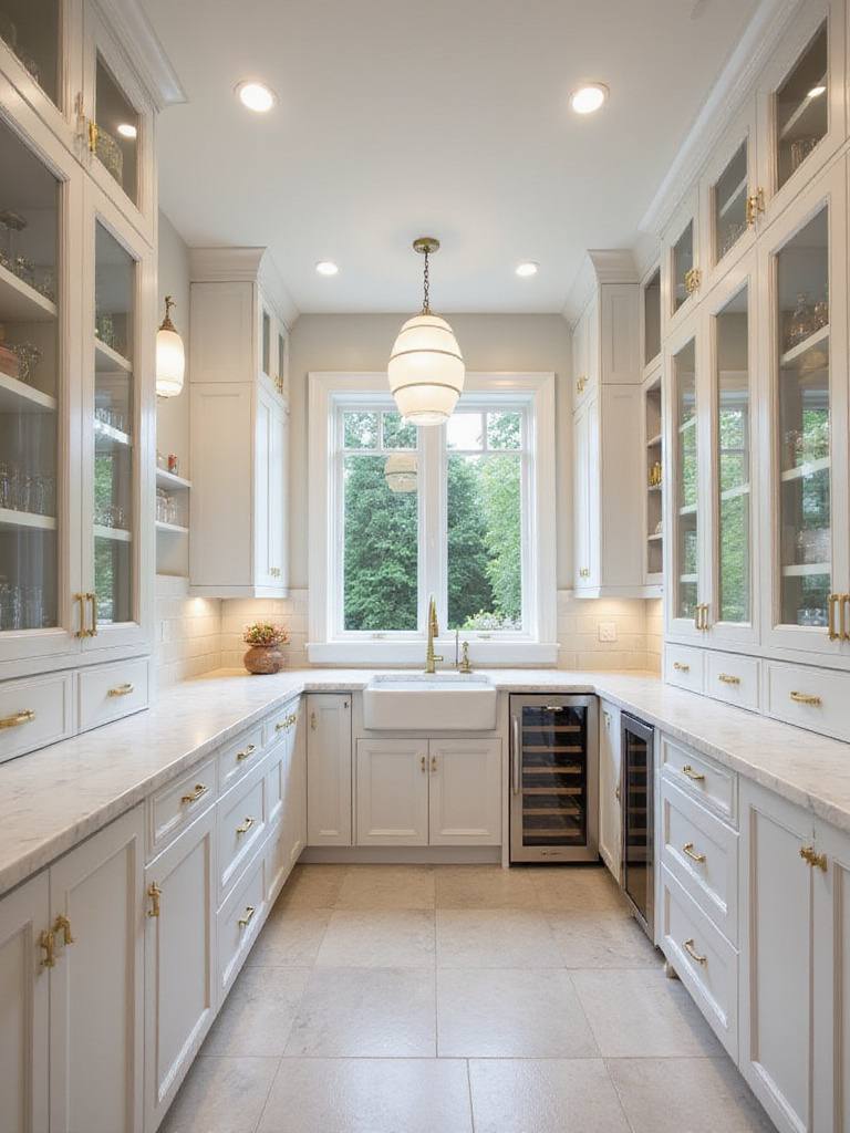 Luxurious butler's pantry with marble countertops, custom cabinetry, and a wine refrigerator.