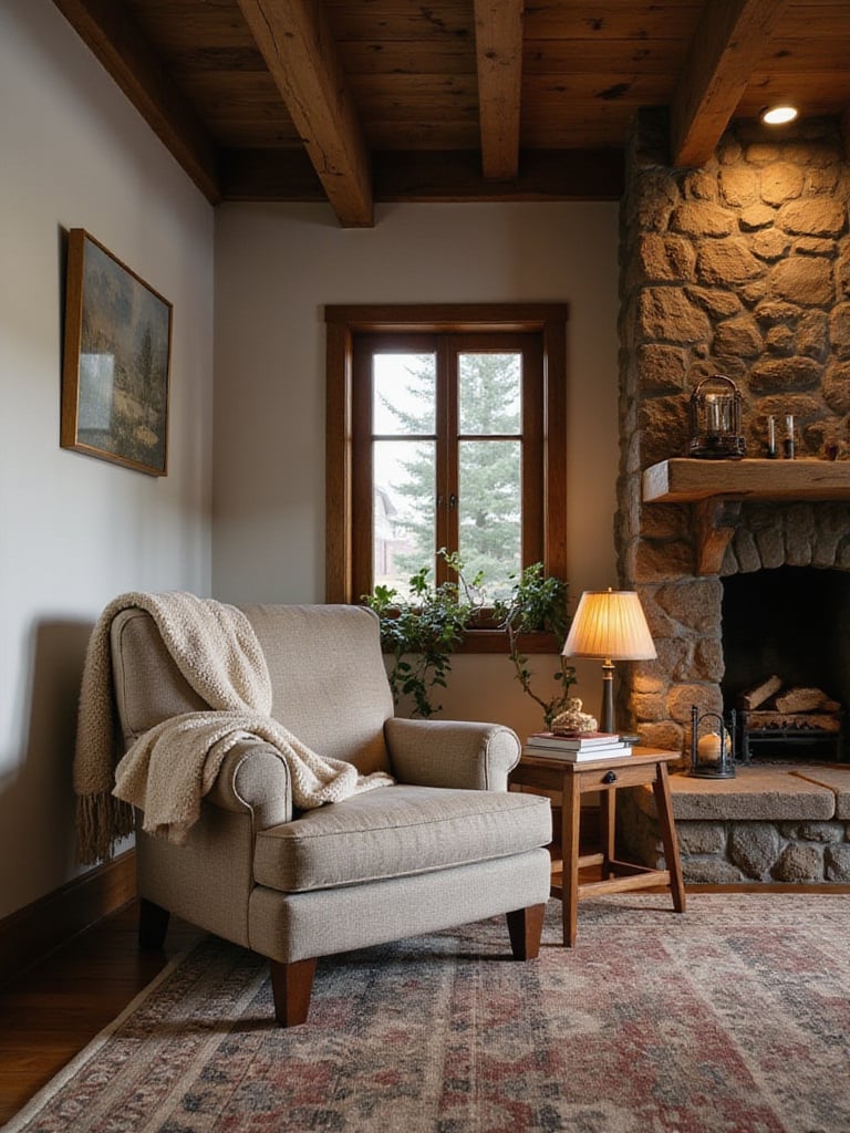 Cozy rustic living room reading nook with armchair, lamp, and books.