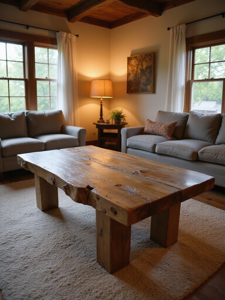Rustic living room featuring a sturdy reclaimed wood coffee table.