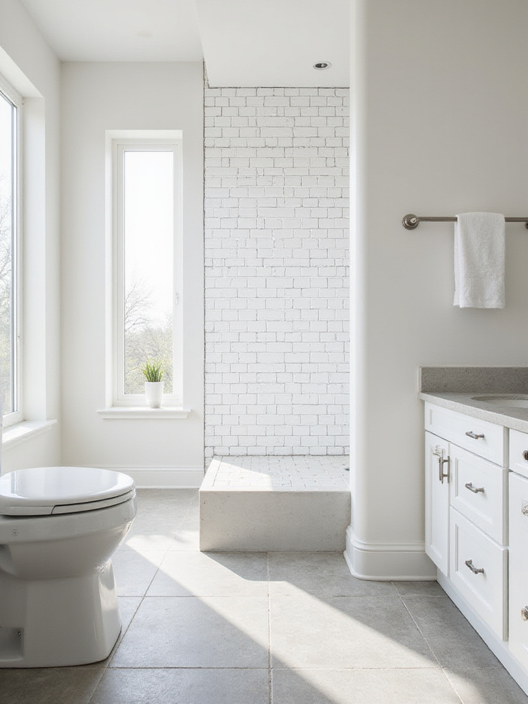 Bathroom featuring budget-friendly white ceramic subway tiles on a feature wall with dark grout, light gray large format ceramic floor tiles, and a simple vanity, illuminated by natural light.