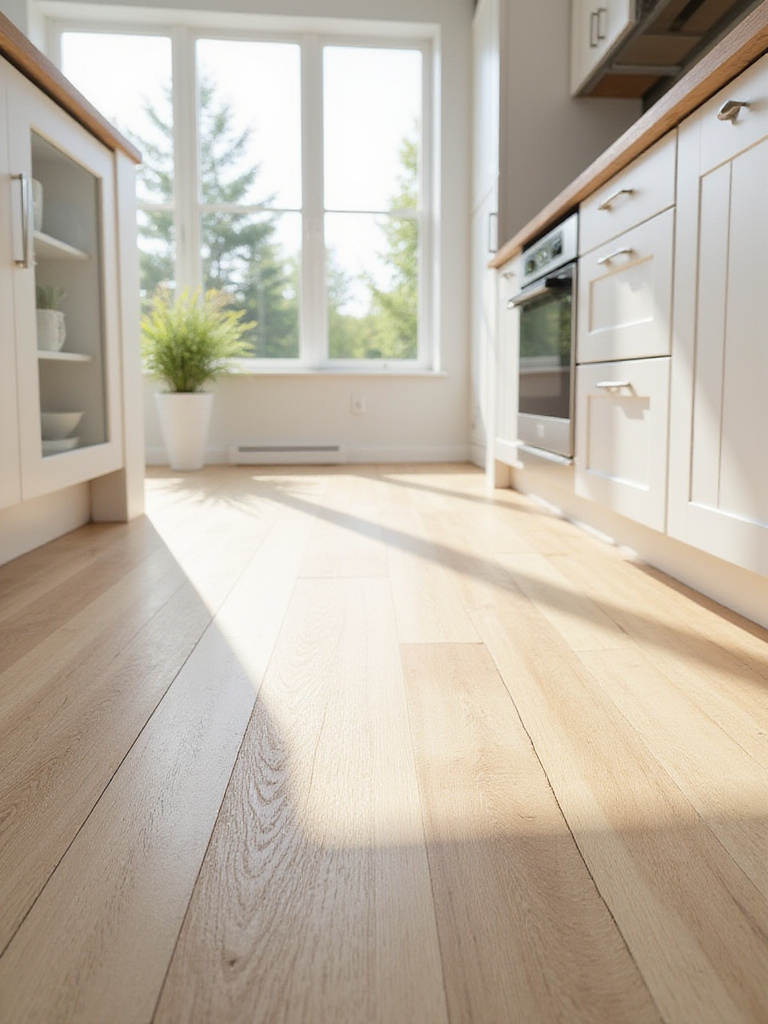 Modern kitchen with light oak vinyl plank flooring.