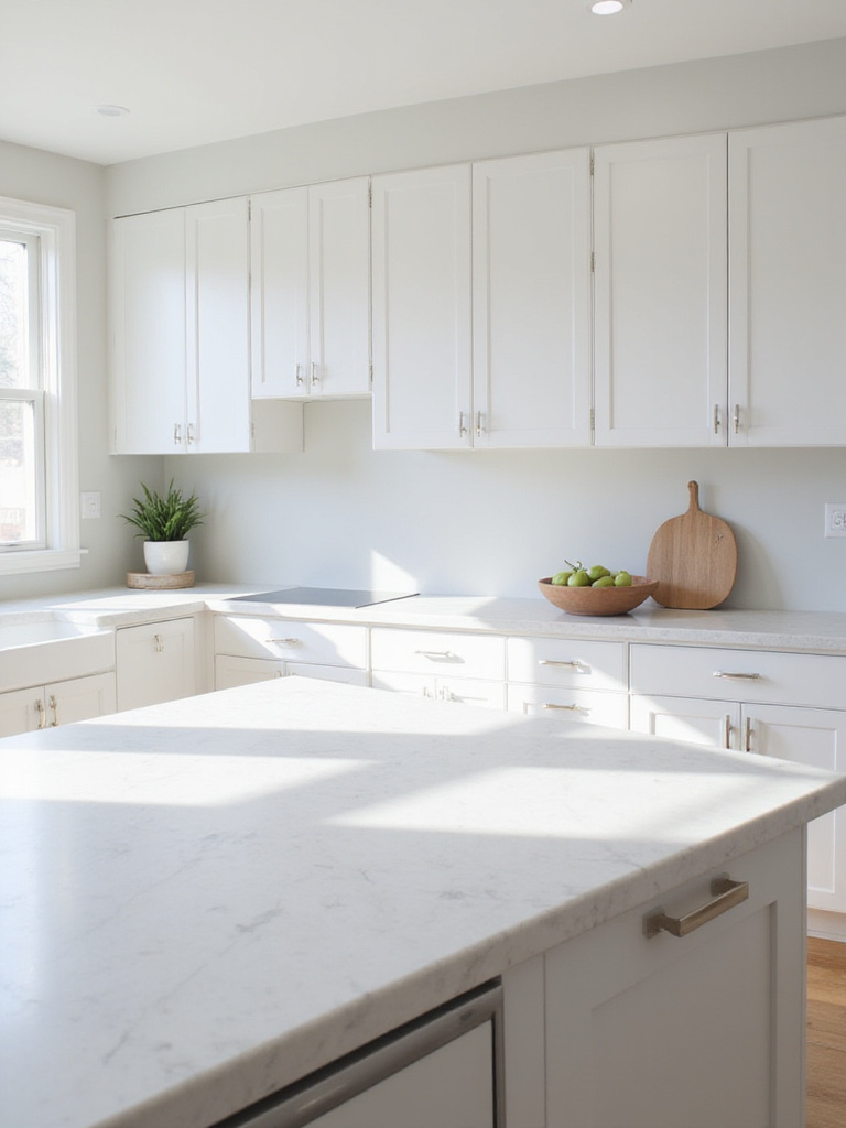 White kitchen with white shaker cabinets, featuring a white marble island countertop and white quartz perimeter countertops, illuminated by natural light.