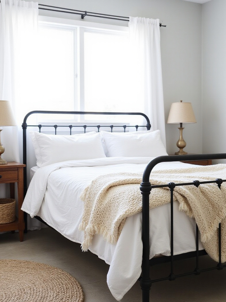 Farmhouse bedroom featuring a black iron bed frame with white linen bedding.