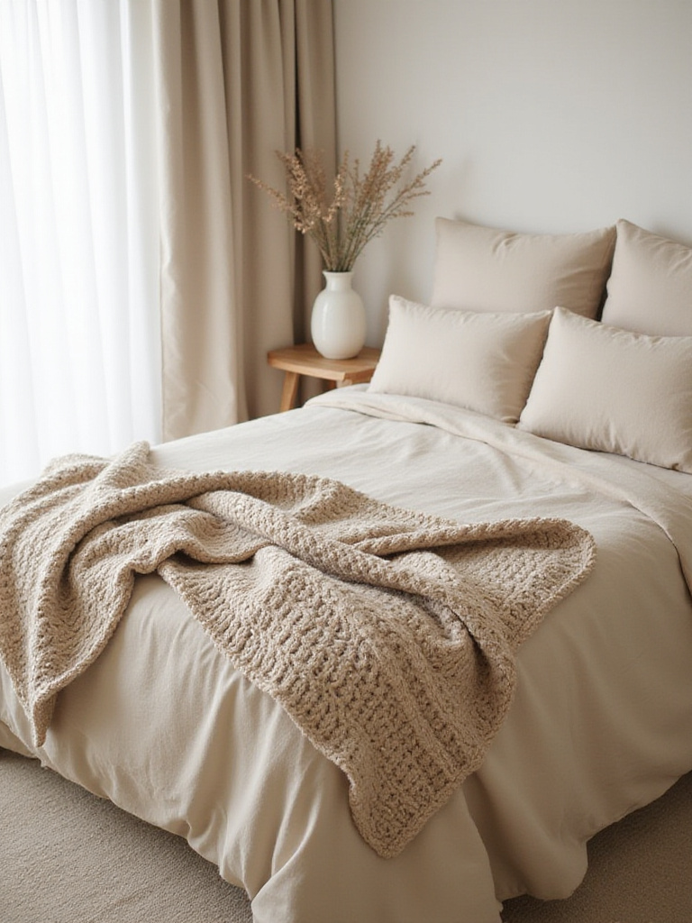 Beige bedroom with chunky knit blanket draped on bed