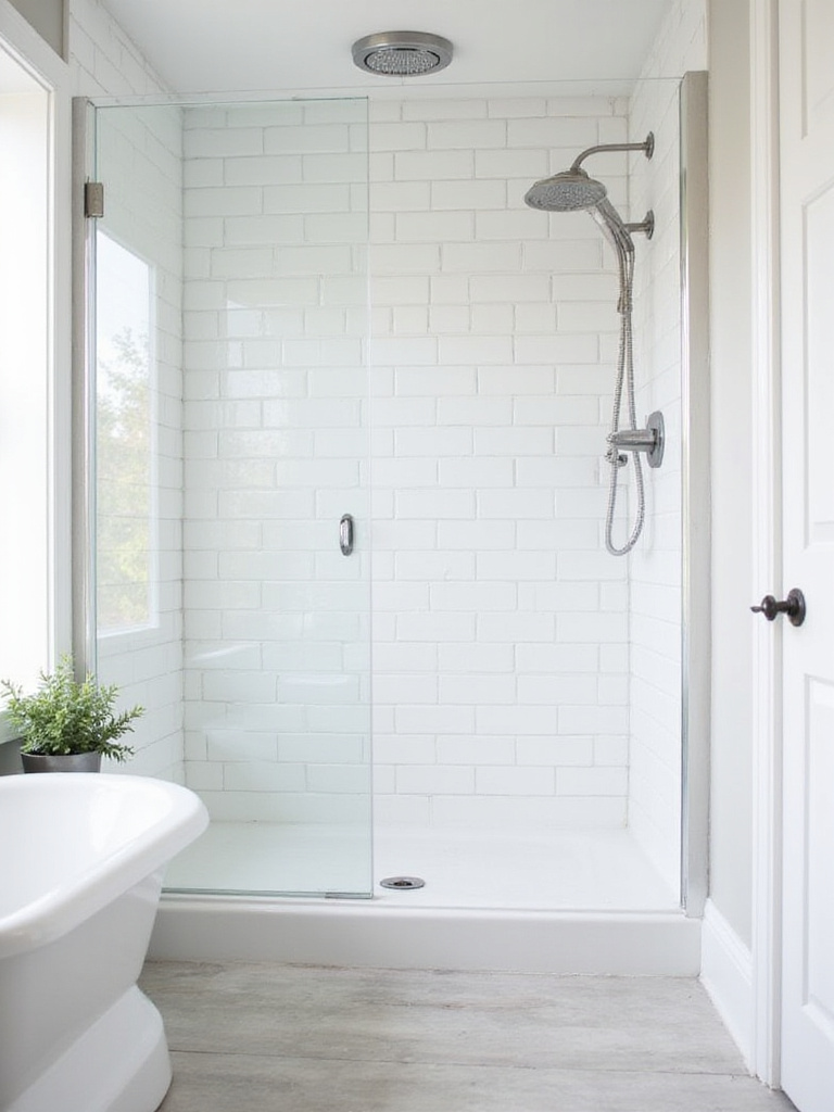 Classic bathroom featuring white ceramic subway tiles with light grey grout on the shower walls, creating a clean and timeless look.