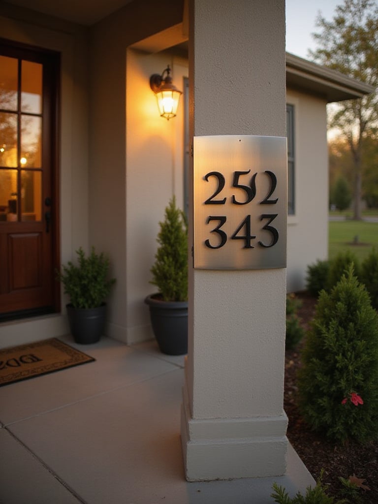 Modern brushed metal address plaque on a well-maintained front porch.