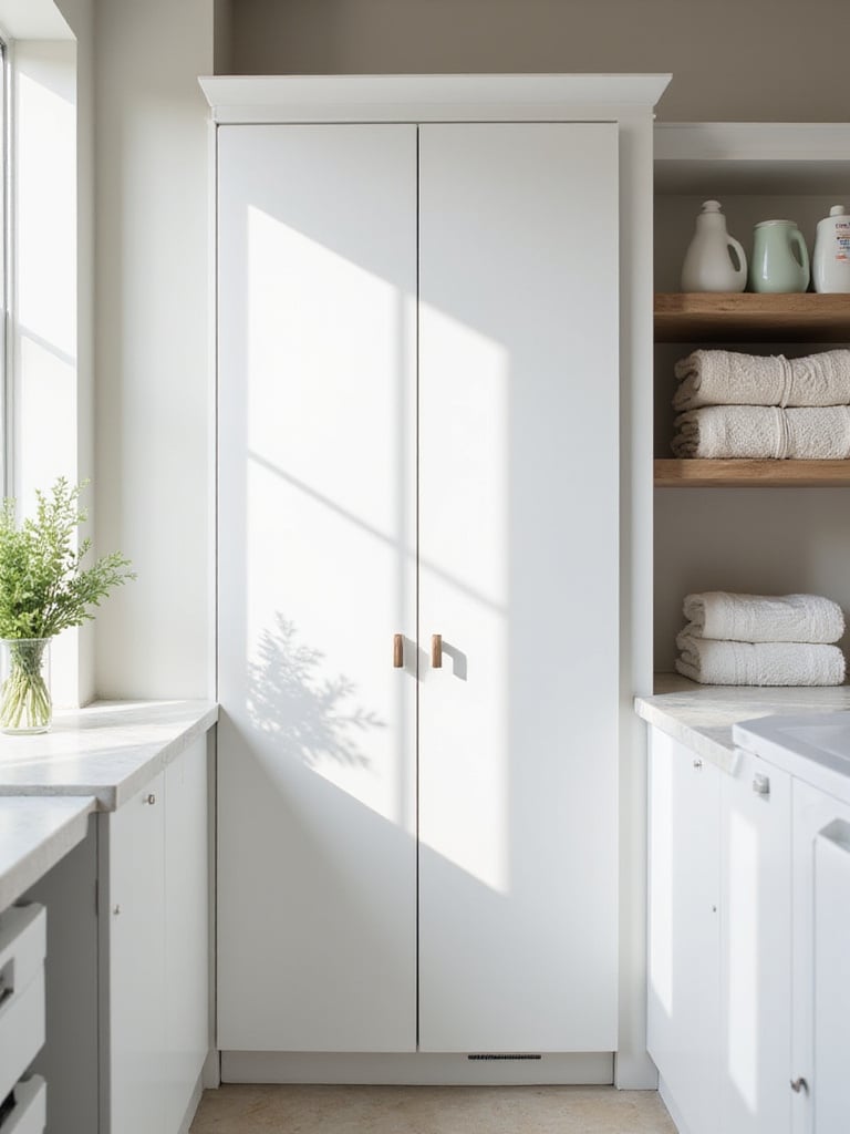 White wall-mounted cabinet concealing an ironing board in a modern laundry room.