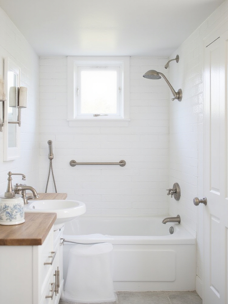 Small bathroom with consistent brushed nickel hardware on faucet, towel bar, and cabinet pulls.