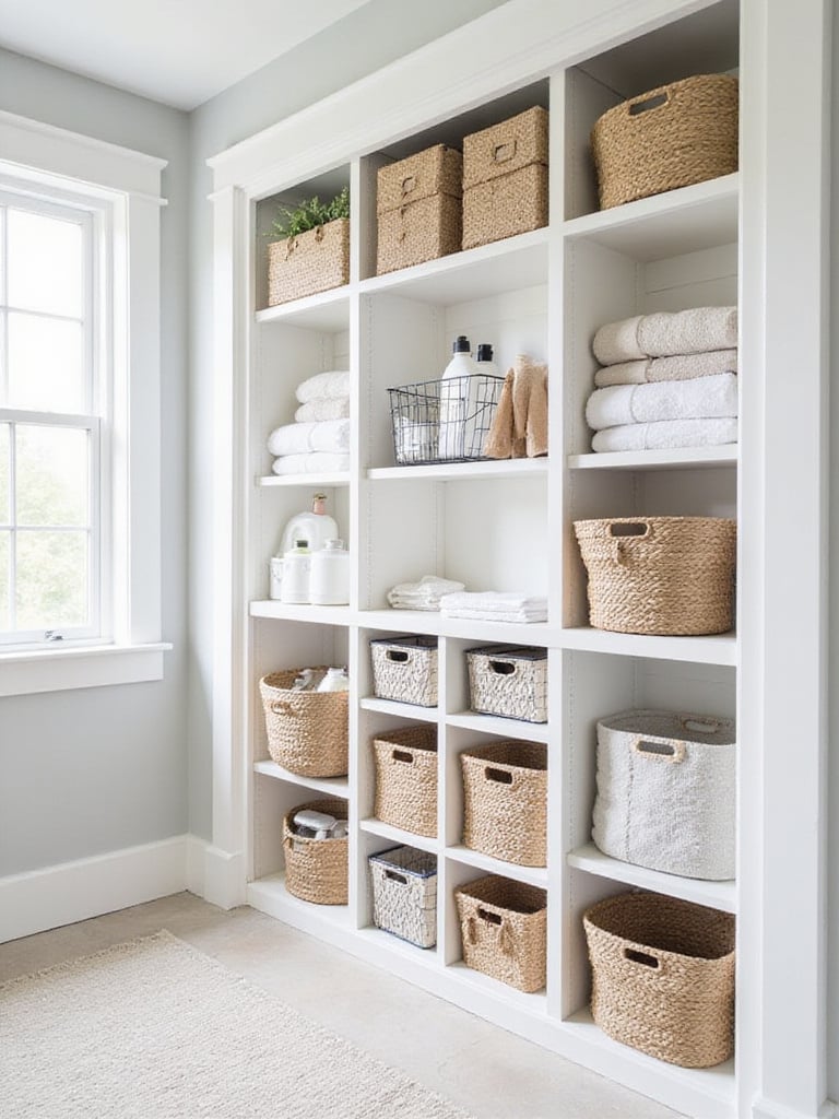 Organized laundry room with decorative storage baskets and bins on open shelving.