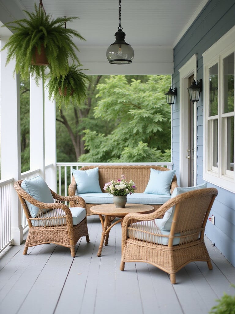 Cozy front porch conversation nook with bench, wicker chairs, and coffee table.