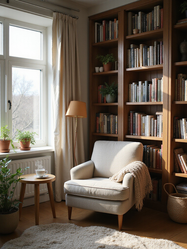 Cozy bedroom reading nook with armchair, bookshelves, and soft lighting