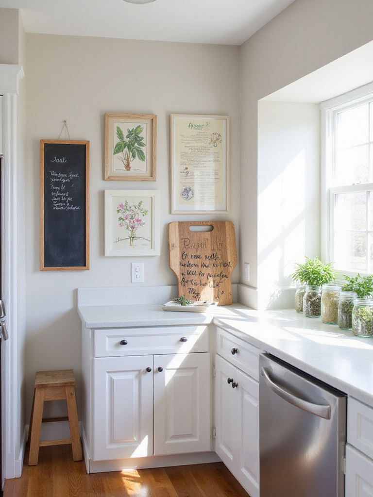 Budget-friendly DIY kitchen art ideas including a recipe gallery wall, chalkboard menu, and repurposed cutting board art.