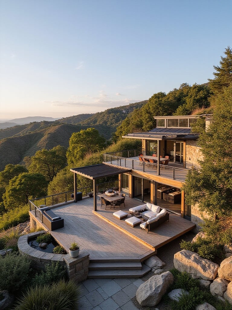 Multi-level deck with distinct zones for dining, lounging, and gardening, enhancing outdoor living.