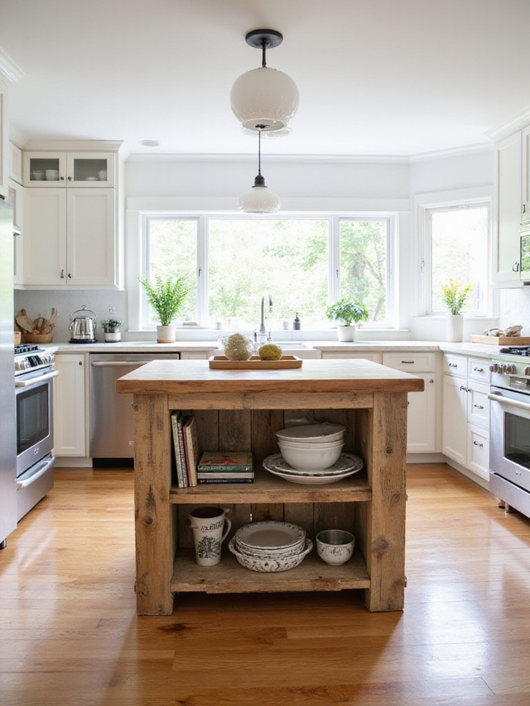 DIY kitchen island made from upcycled pallets and butcher block countertop in a modern farmhouse kitchen.