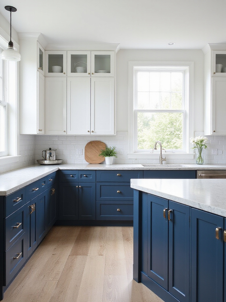 Modern kitchen with white upper cabinets and navy blue base cabinets, showcasing a stylish two-tone design. Features a kitchen island and light quartz countertops.