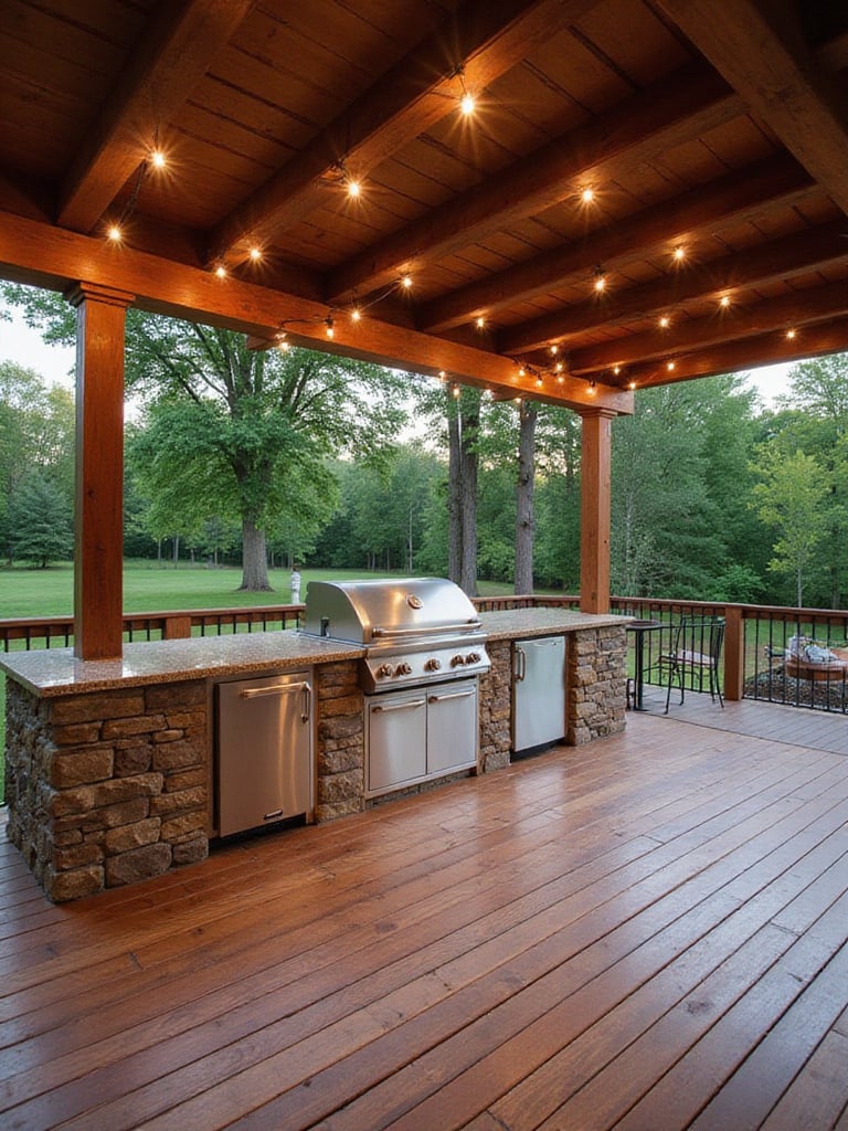Luxurious outdoor kitchen on a wooden deck with grill, refrigerator, and pergola