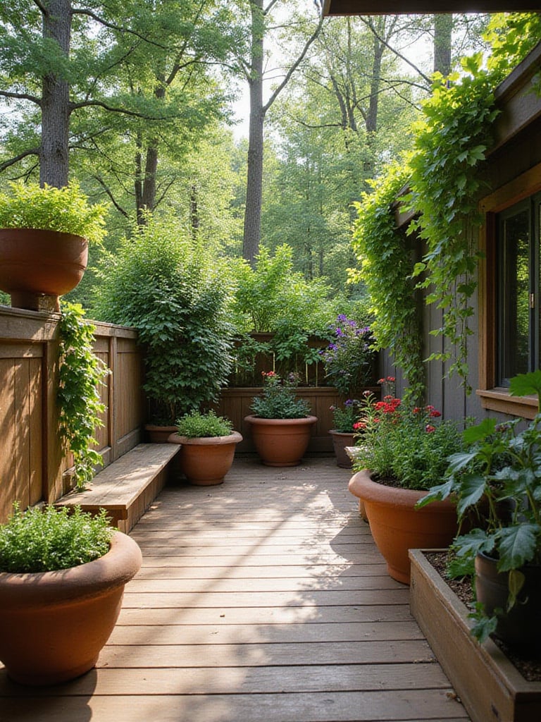 Deck with lush garden oasis featuring potted plants and built-in planters