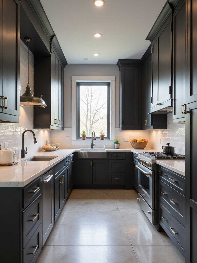 Modern kitchen with dark gray cabinets, light marble countertops, and stainless steel appliances.