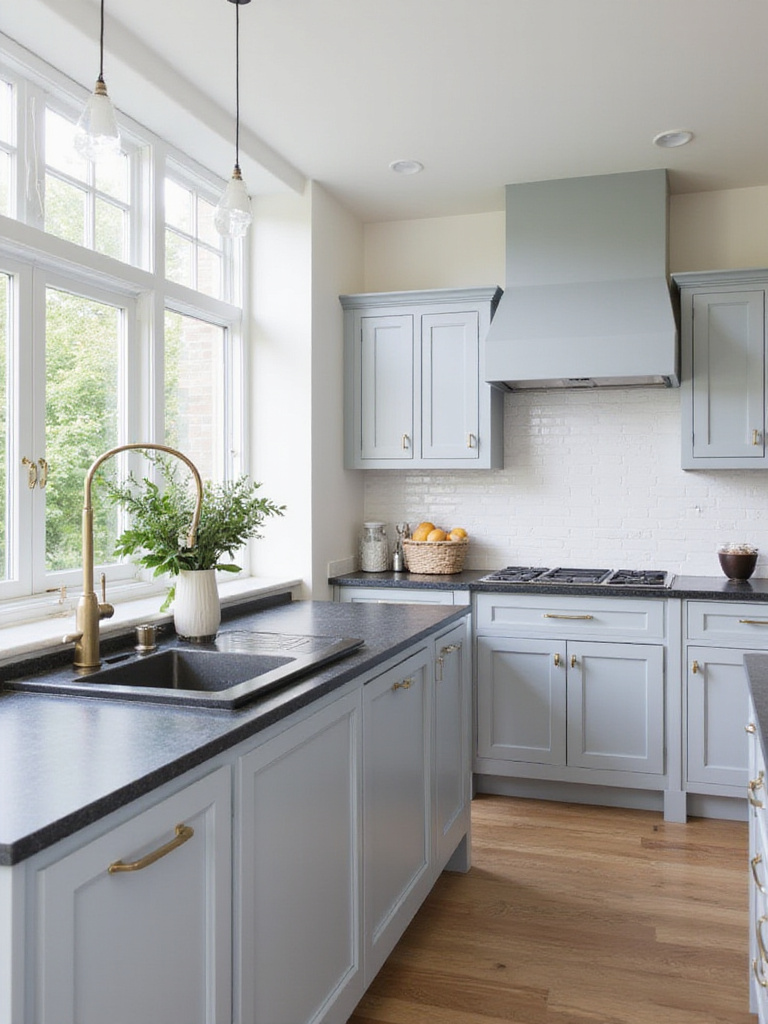 Modern kitchen design featuring a black quartz countertop island with light gray cabinets.