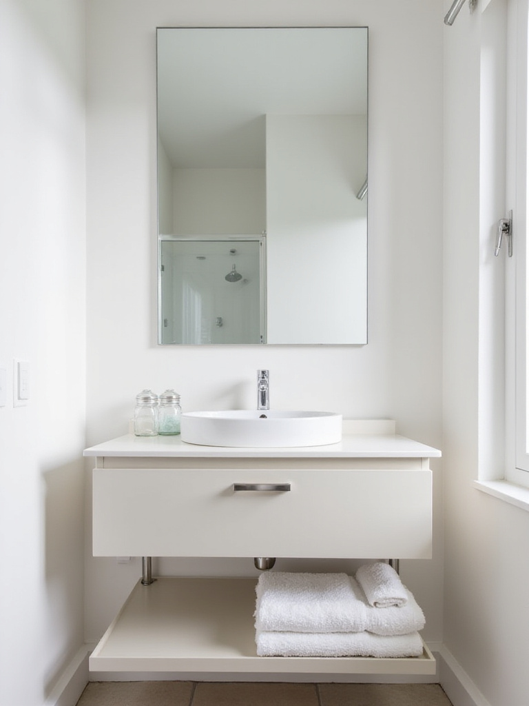 Small minimalist bathroom with floating vanity and organized toiletries.