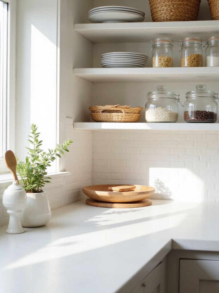 Decluttered and organized kitchen countertop and open shelving with clear containers and aesthetically pleasing items.