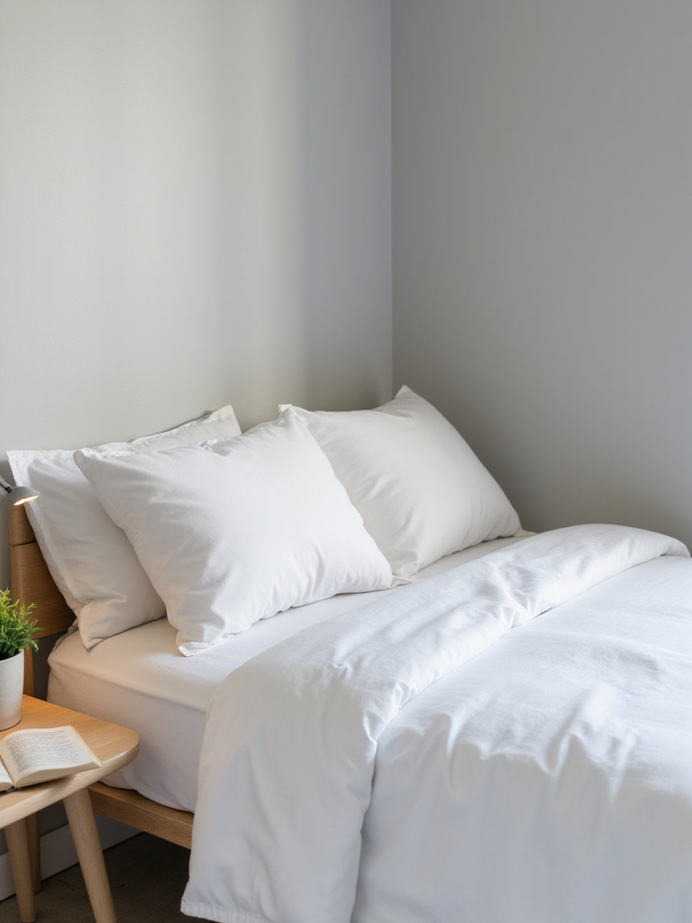 Serene bedroom corner with neatly made bed and minimalist nightstand, emphasizing decluttering for a peaceful atmosphere.