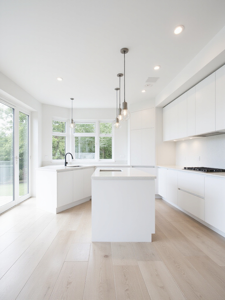 Bright white modern kitchen with sleek handleless cabinets, white island, and ample lighting.