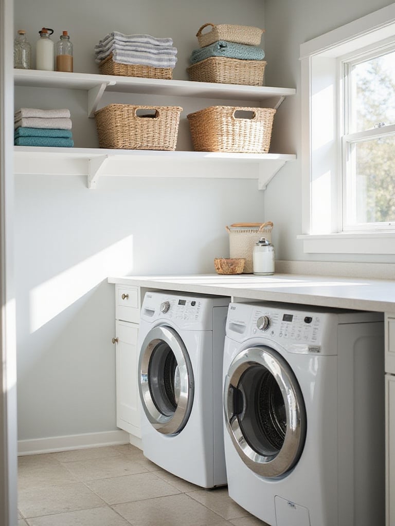 Bright and organized laundry room with a dedicated folding station countertop above the washer and dryer.