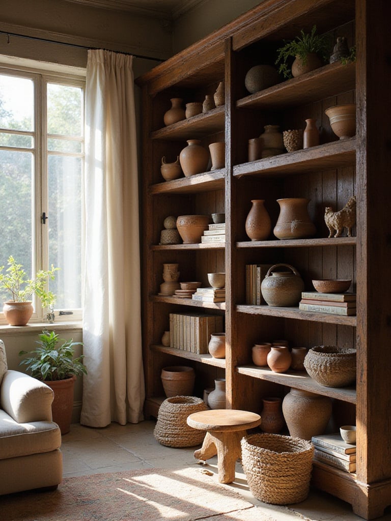 Rustic living room bookshelf featuring handcrafted pottery and ceramic display.