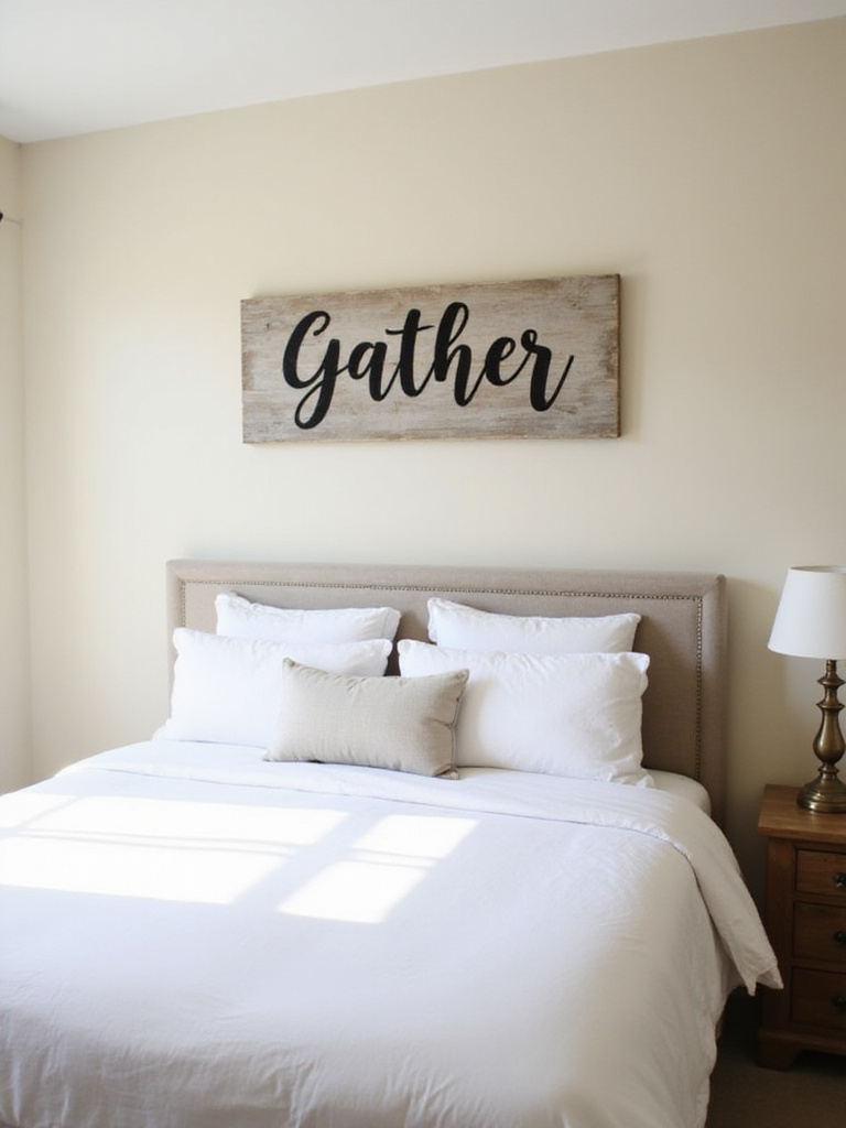 Farmhouse bedroom featuring a 'Gather' sign above the bed.