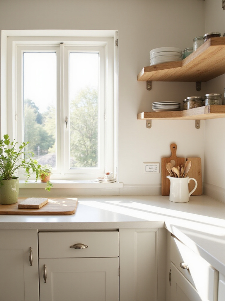 Bright, organized, and decluttered modern kitchen with open shelving.