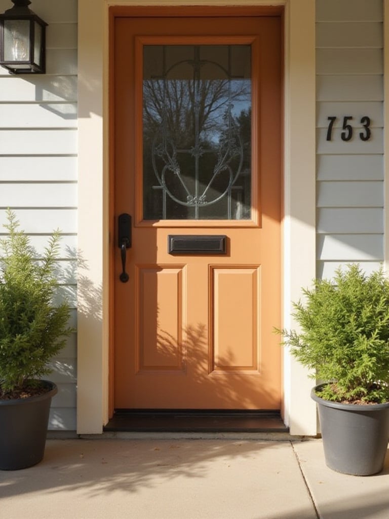 Front door with new matte black hardware, including doorknob, deadbolt, and house numbers.