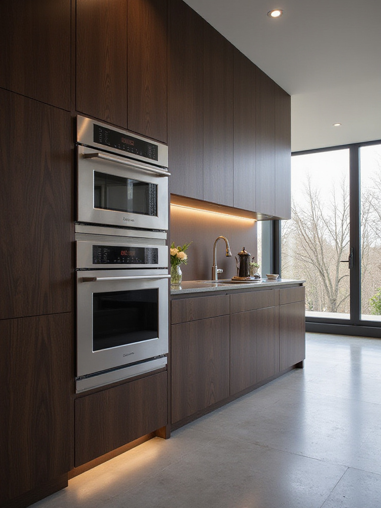 Luxury kitchen with stacked double ovens integrated into custom cabinetry.