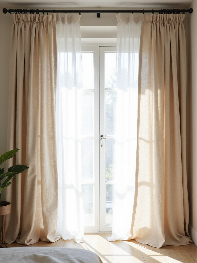Dreamy bedroom with flowing beige linen drapes and soft natural light.