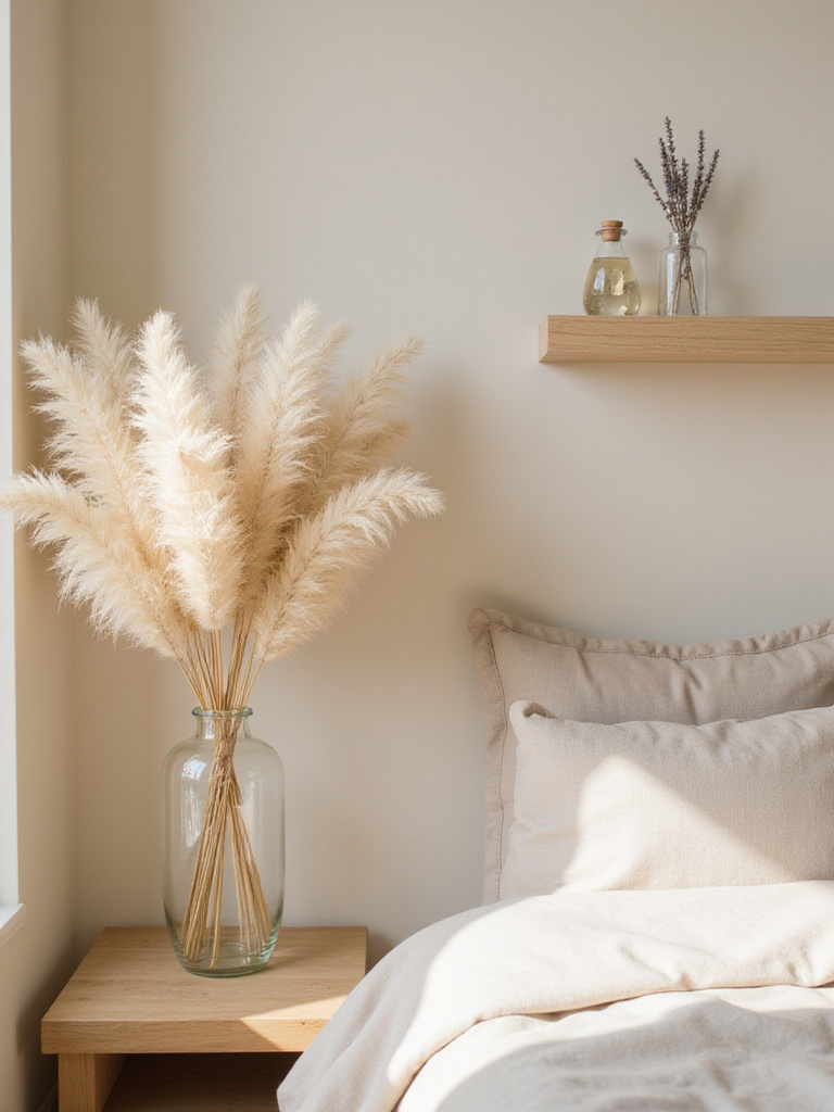 Beige bedroom with dried pampas grass and lavender accents