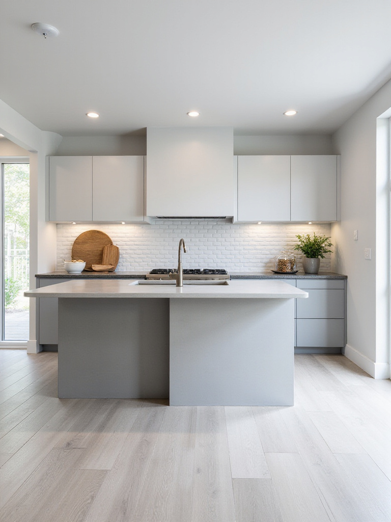 Modern kitchen with durable quartz and granite countertops and porcelain tile flooring.
