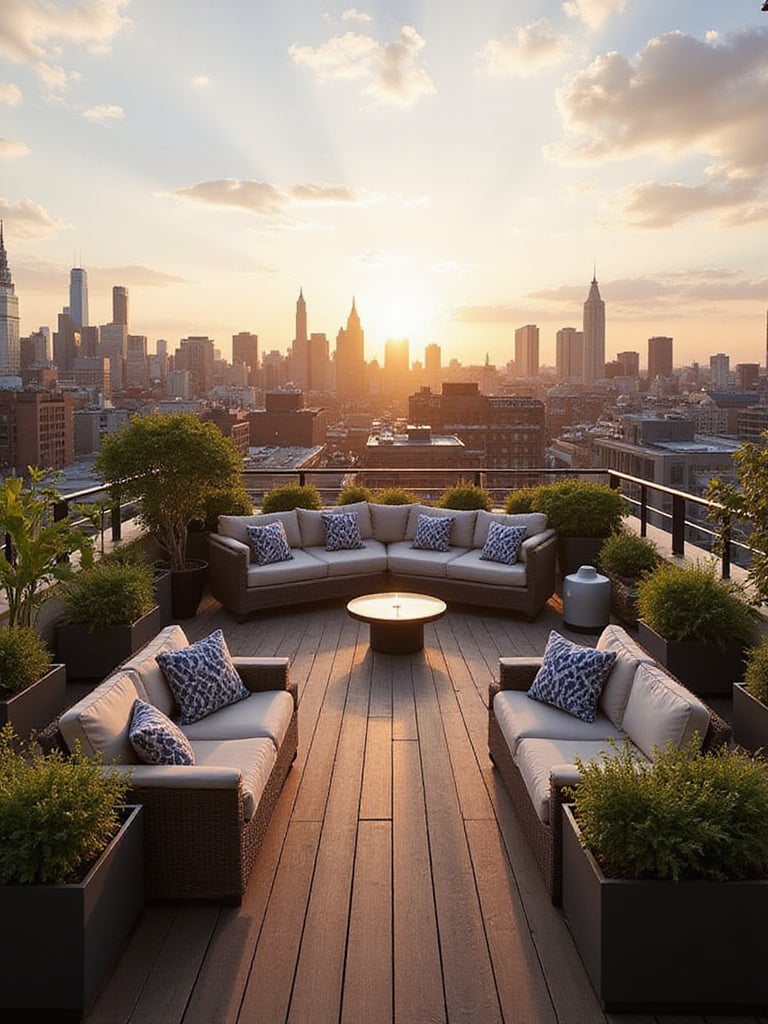 Luxurious rooftop deck with cityscape view