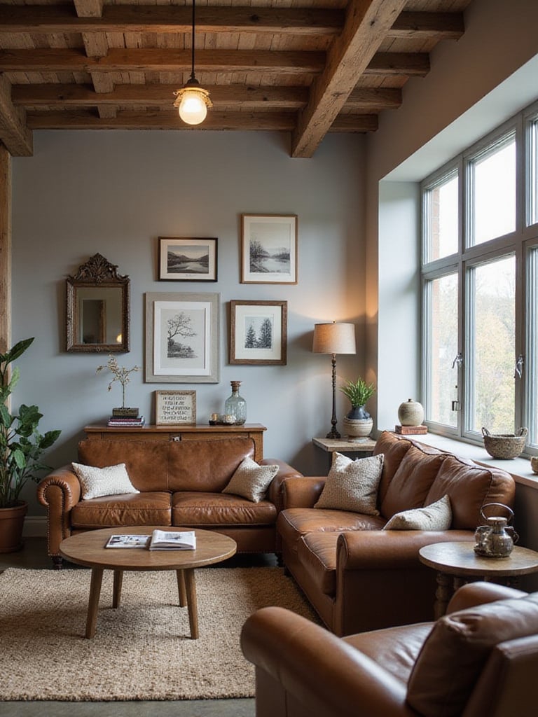 Rustic living room wall decor featuring a gallery wall with landscape prints and reclaimed wood accents