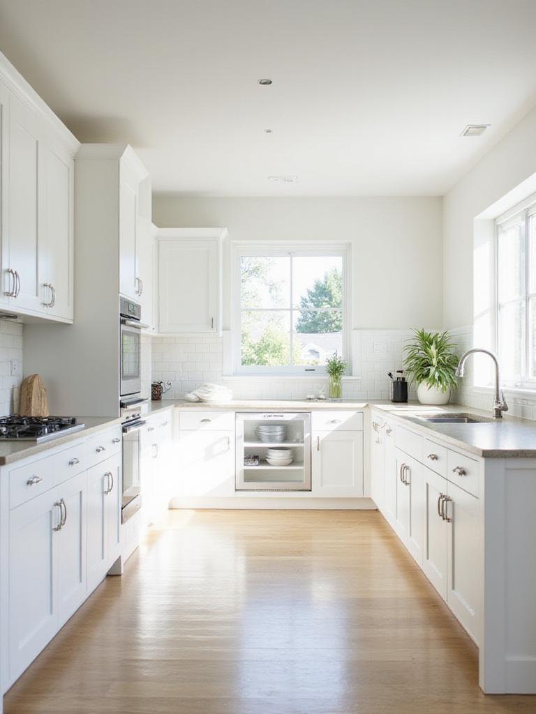 A bright and clean kitchen featuring classic white Shaker cabinets, a central island, and ample natural light.