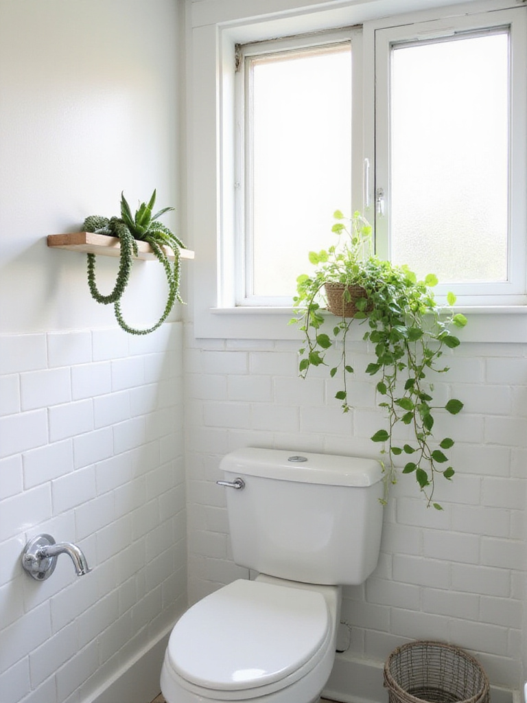 Small bathroom with snake plant and pothos plant, showcasing greenery for freshness and life.